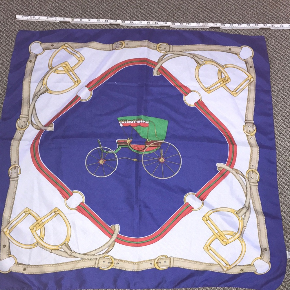 Equestrian Carriage Print Silk-Feel Scarf - Blue/Green